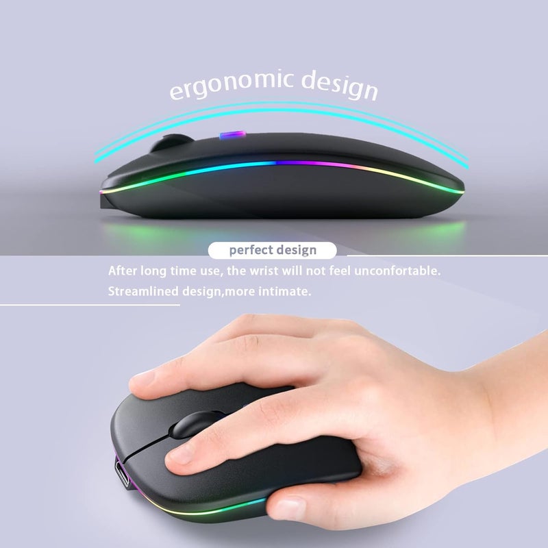 KANMABPC Wireless Bluetooth Mouse – Rechargeable, Silent, Dual Mode (Bluetooth 5.2 & USB) with LED Lights – Portable for Laptop, Desktop, & Tablet(Black) - Image 5